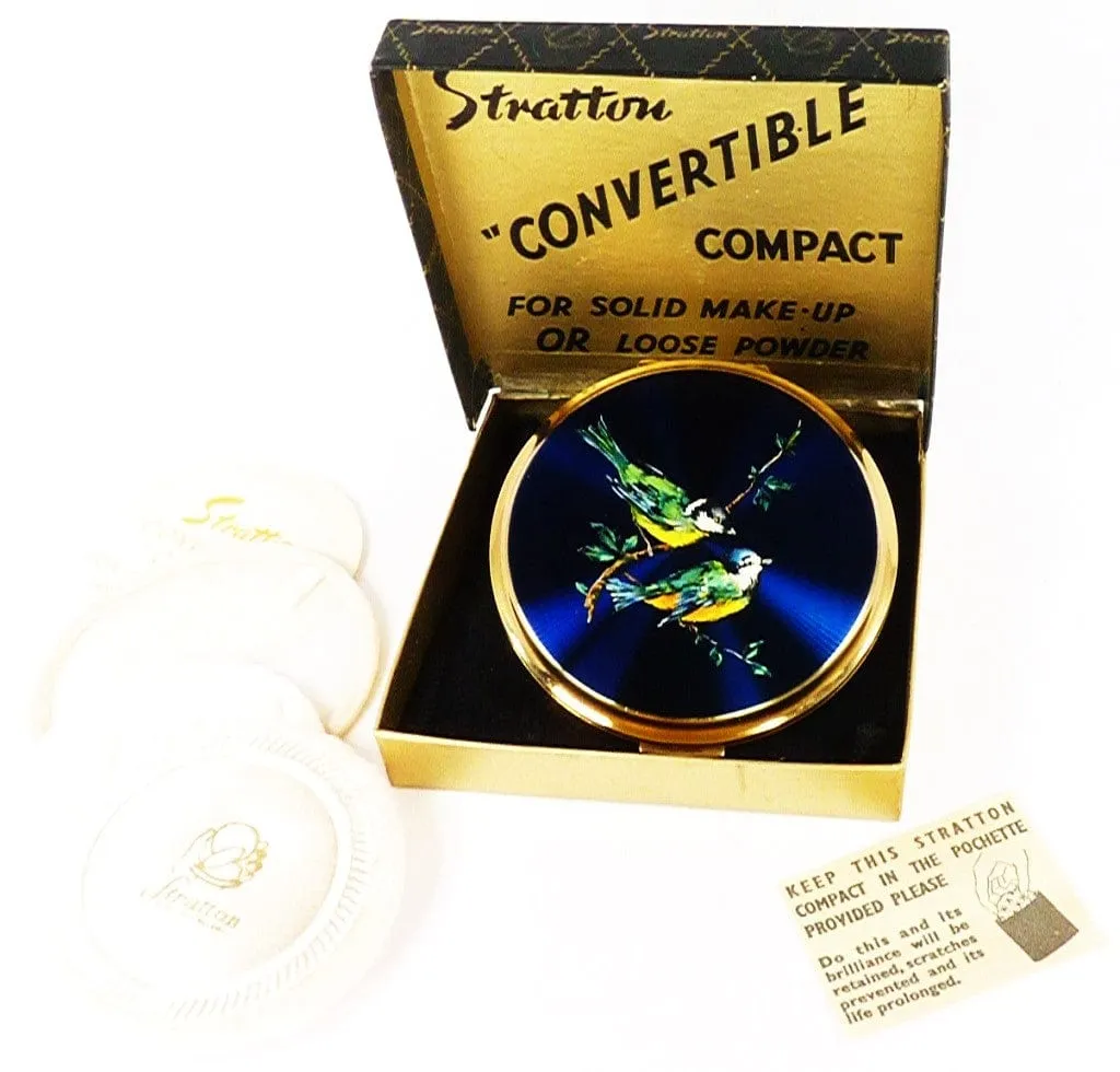 1950s Enamel Stratton Compact Mirror Bird Series Unused Powder Compact