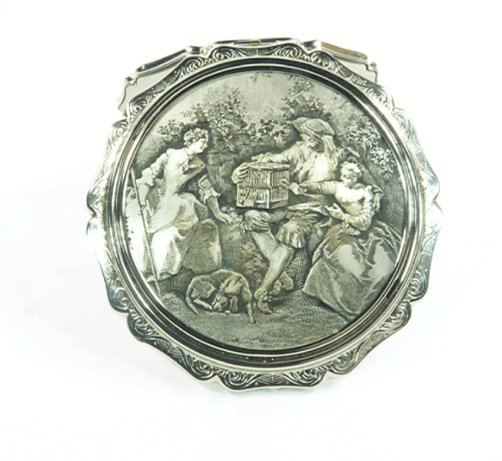 1950s NOS Silver Plated Romantic Themed Stratton Princess Loose Powder Compact