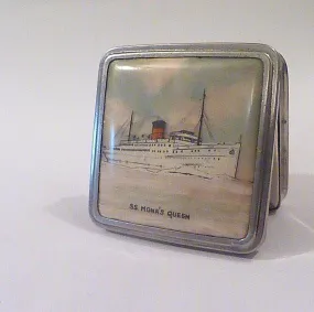 Antique celluloid compact Stratnoid compact mirror SS Mona's Queen