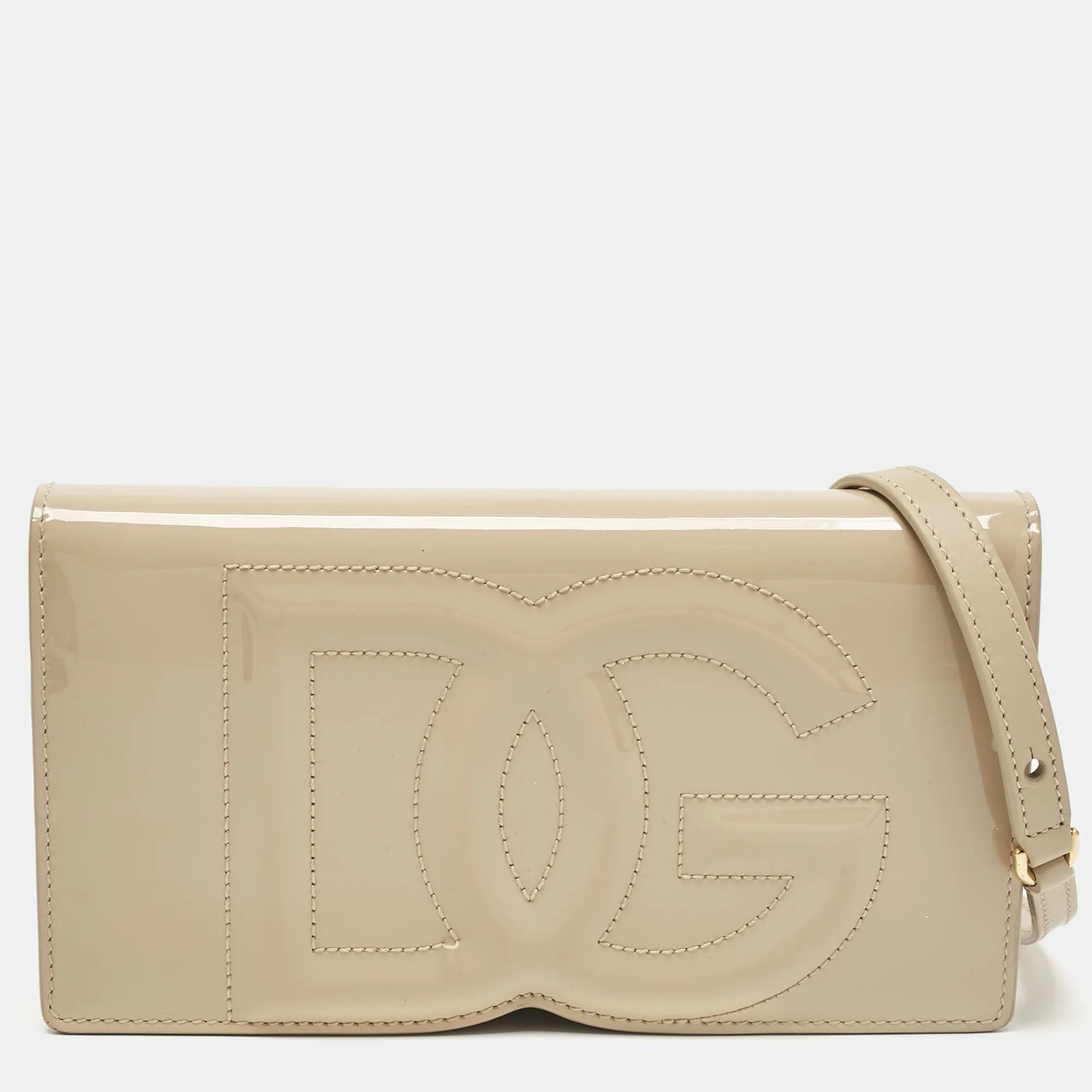 Beige Patent Leather DG Logo Embossed Clutch Bag