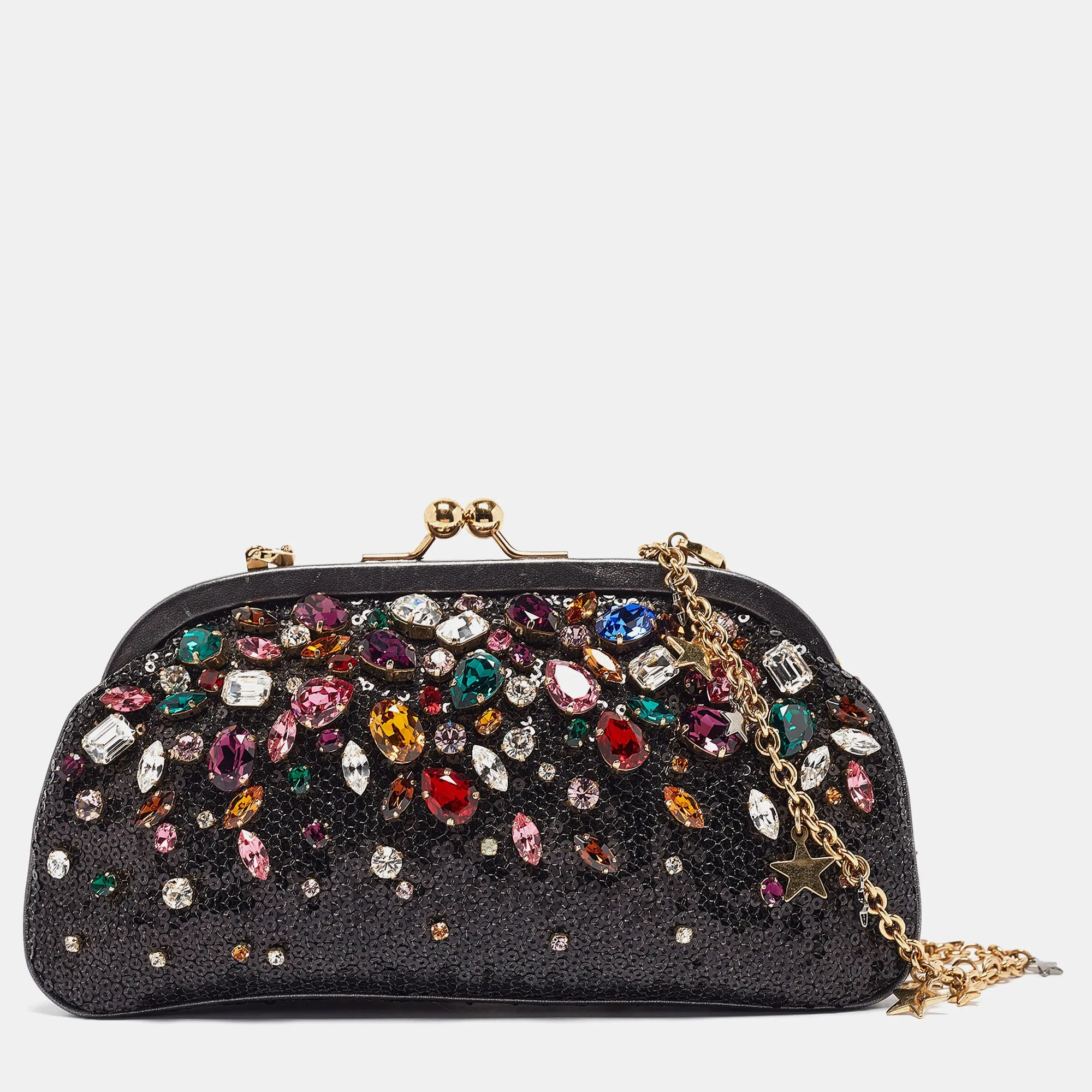 Black/Grey Leather and Sequins Crystals Embellished Frame Chain Clutch