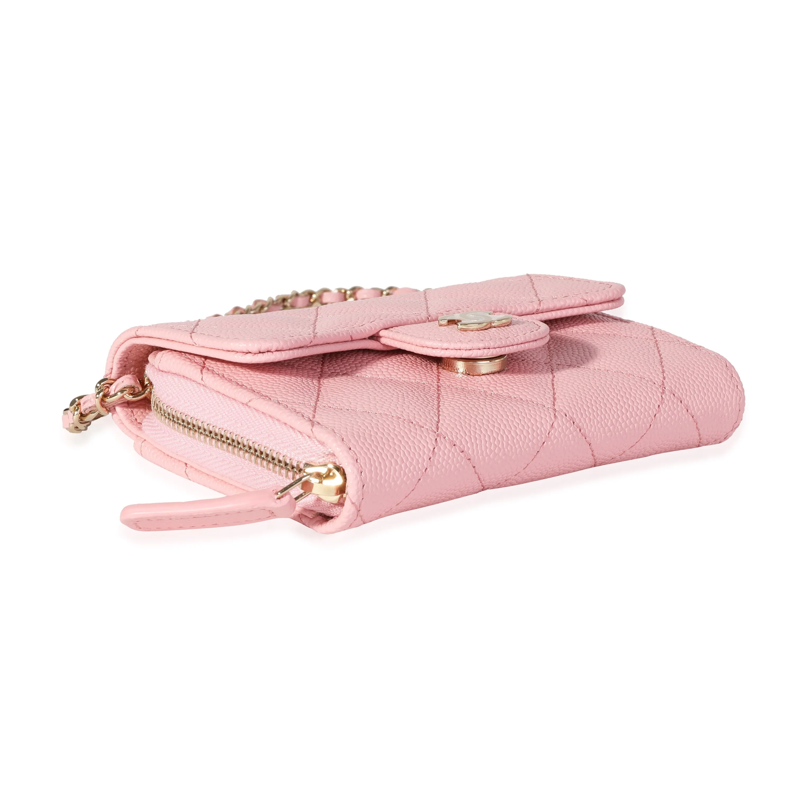 CHANEL Pink Quilted Caviar Compact Wallet On Chain