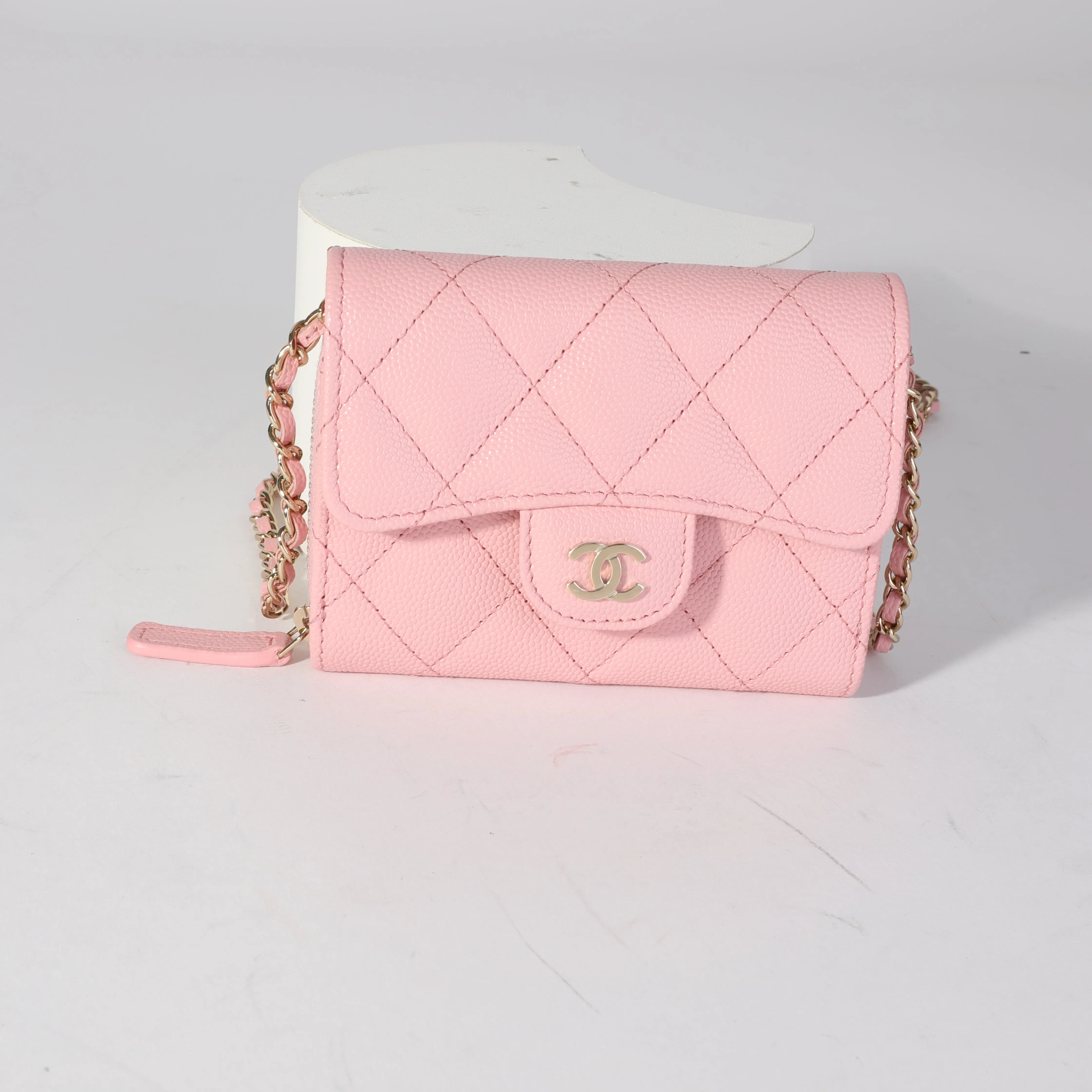 CHANEL Pink Quilted Caviar Compact Wallet On Chain