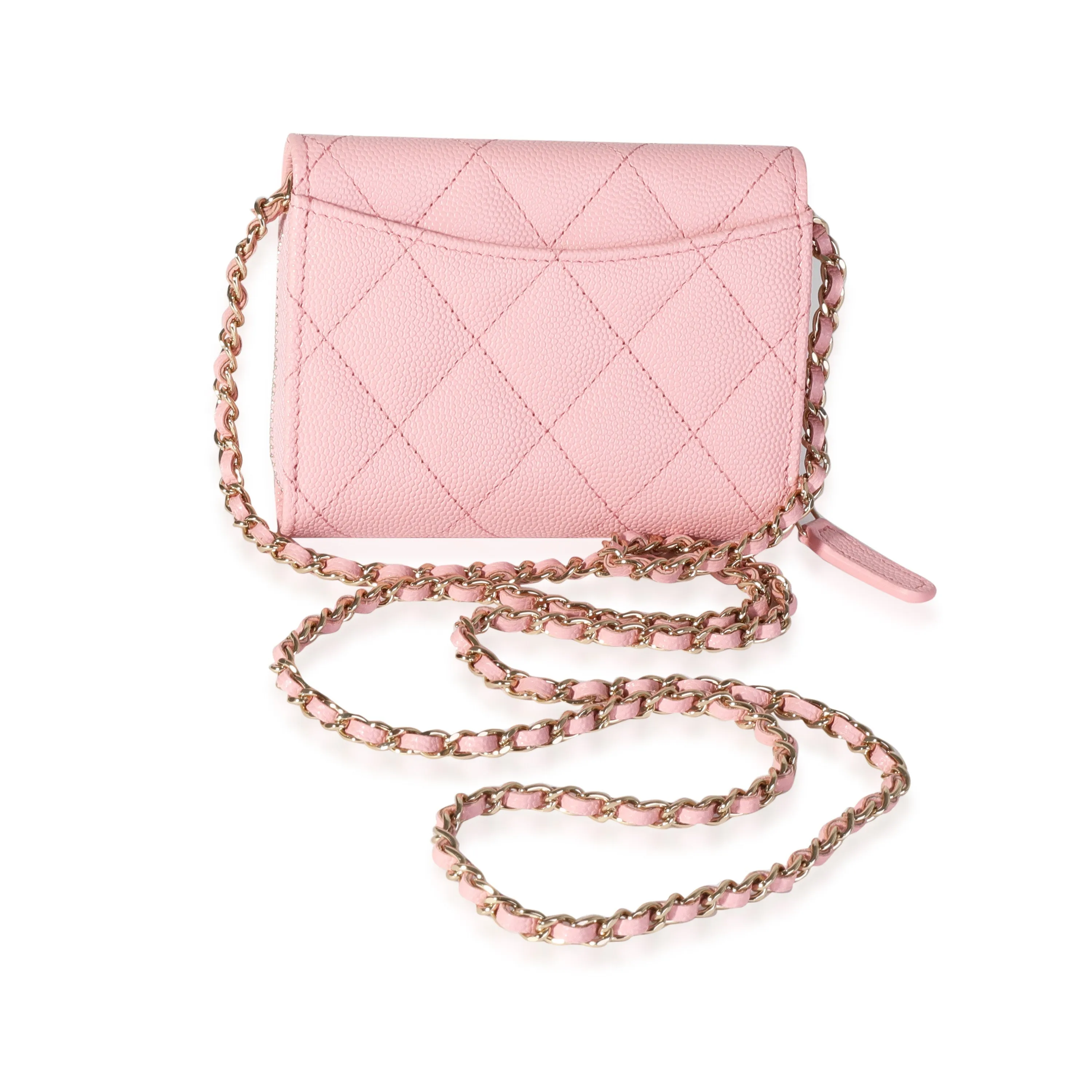 CHANEL Pink Quilted Caviar Compact Wallet On Chain