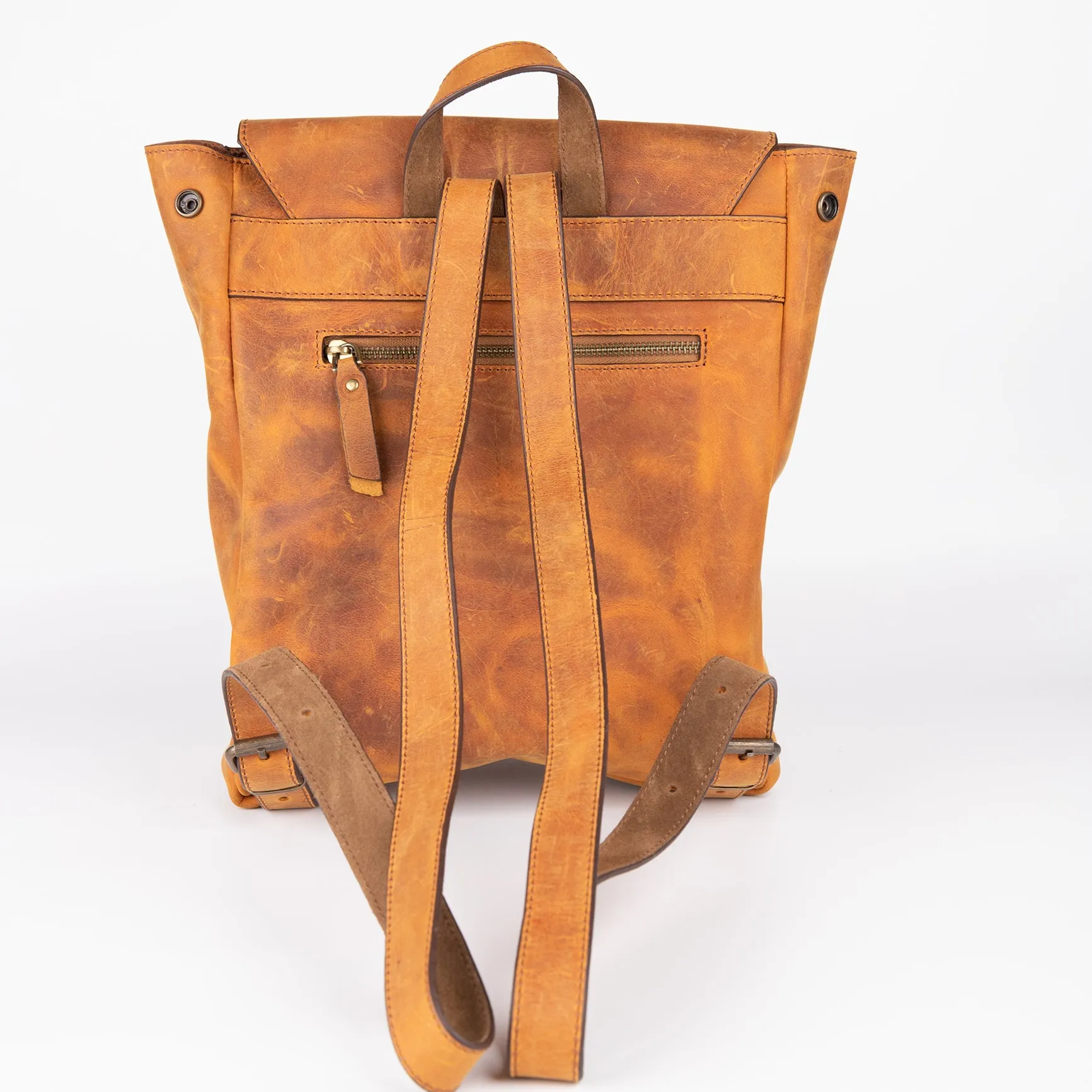 Crazy Horse Leather Expandable Backpack - Orange