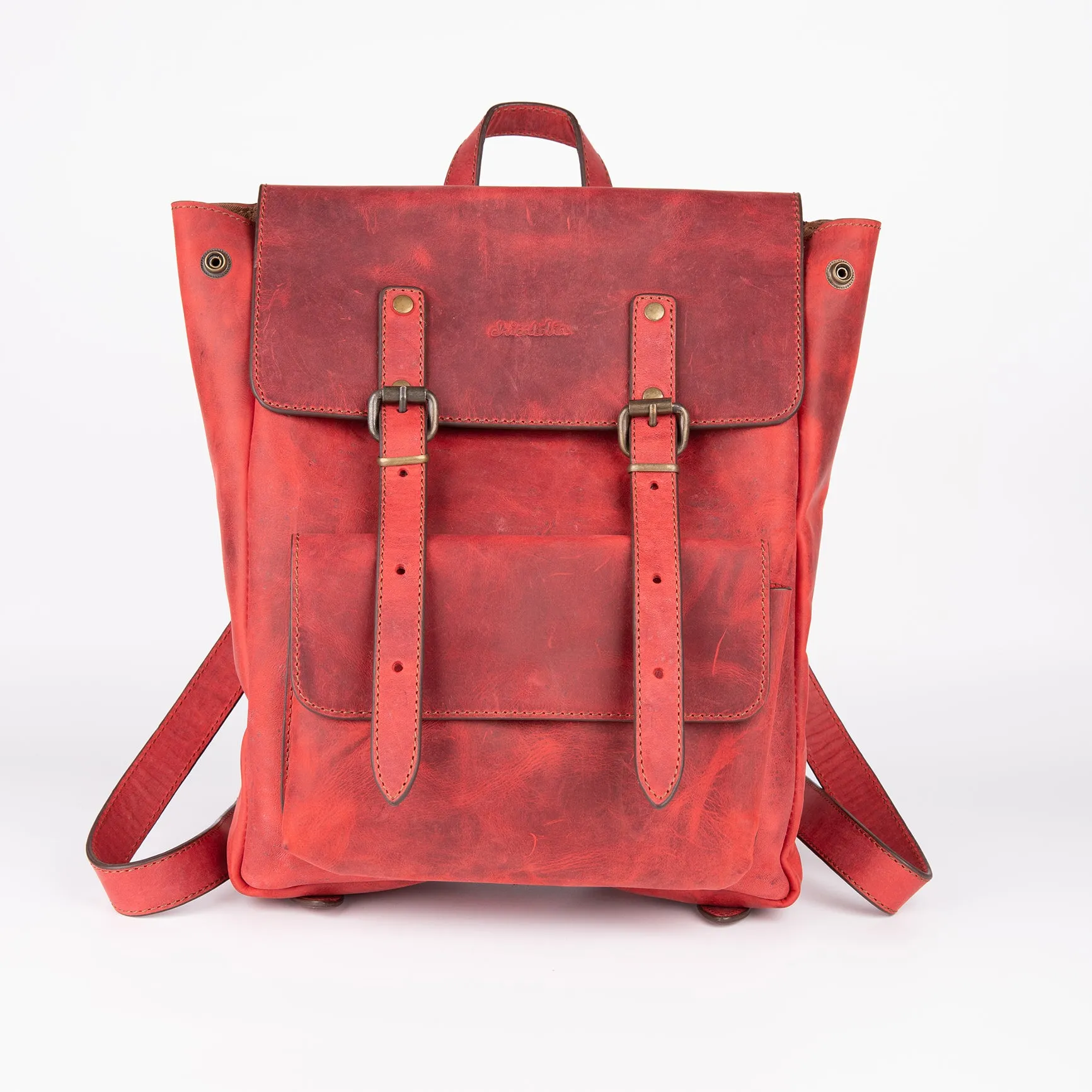 Crazy Horse Leather Expandable Backpack - Red