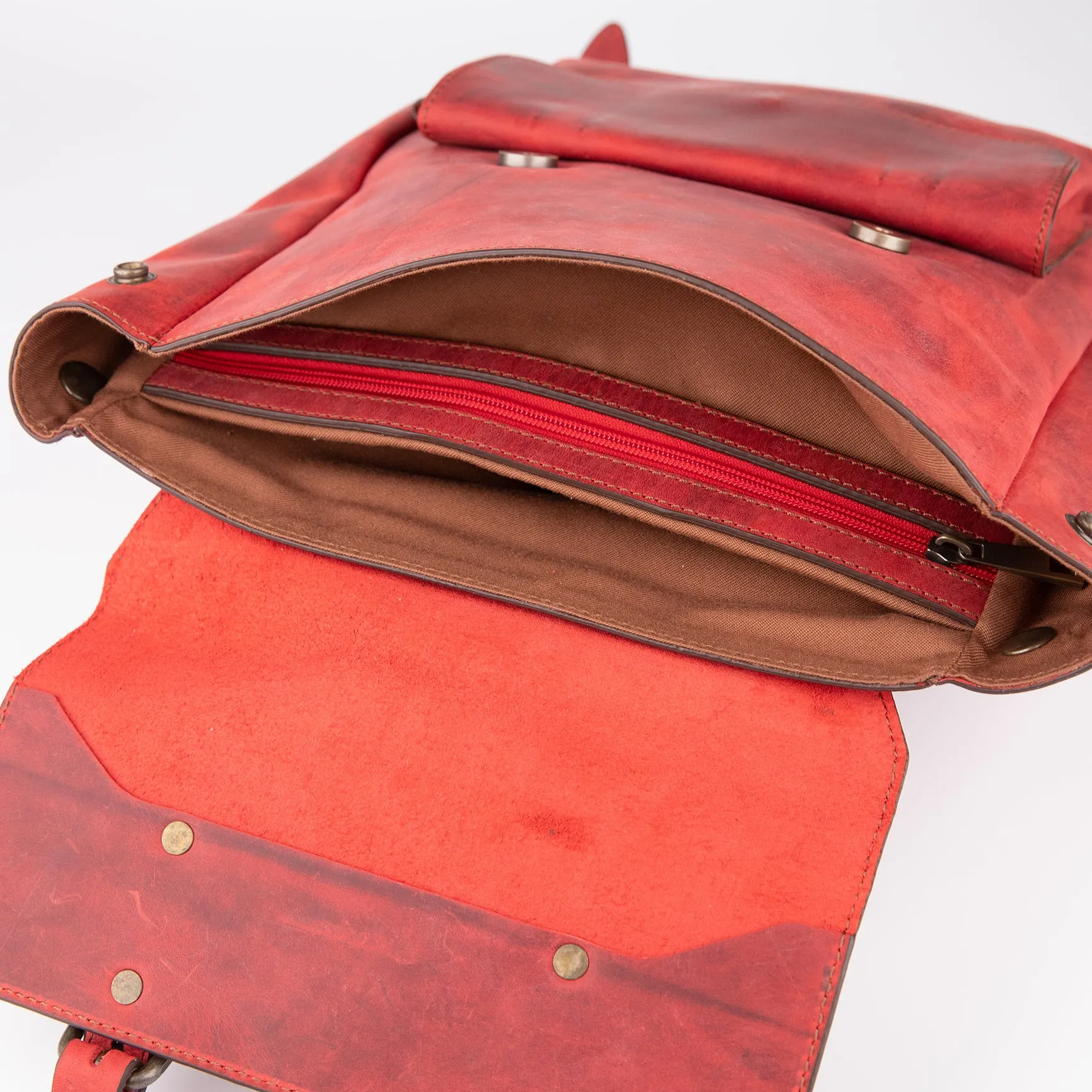 Crazy Horse Leather Expandable Backpack - Red