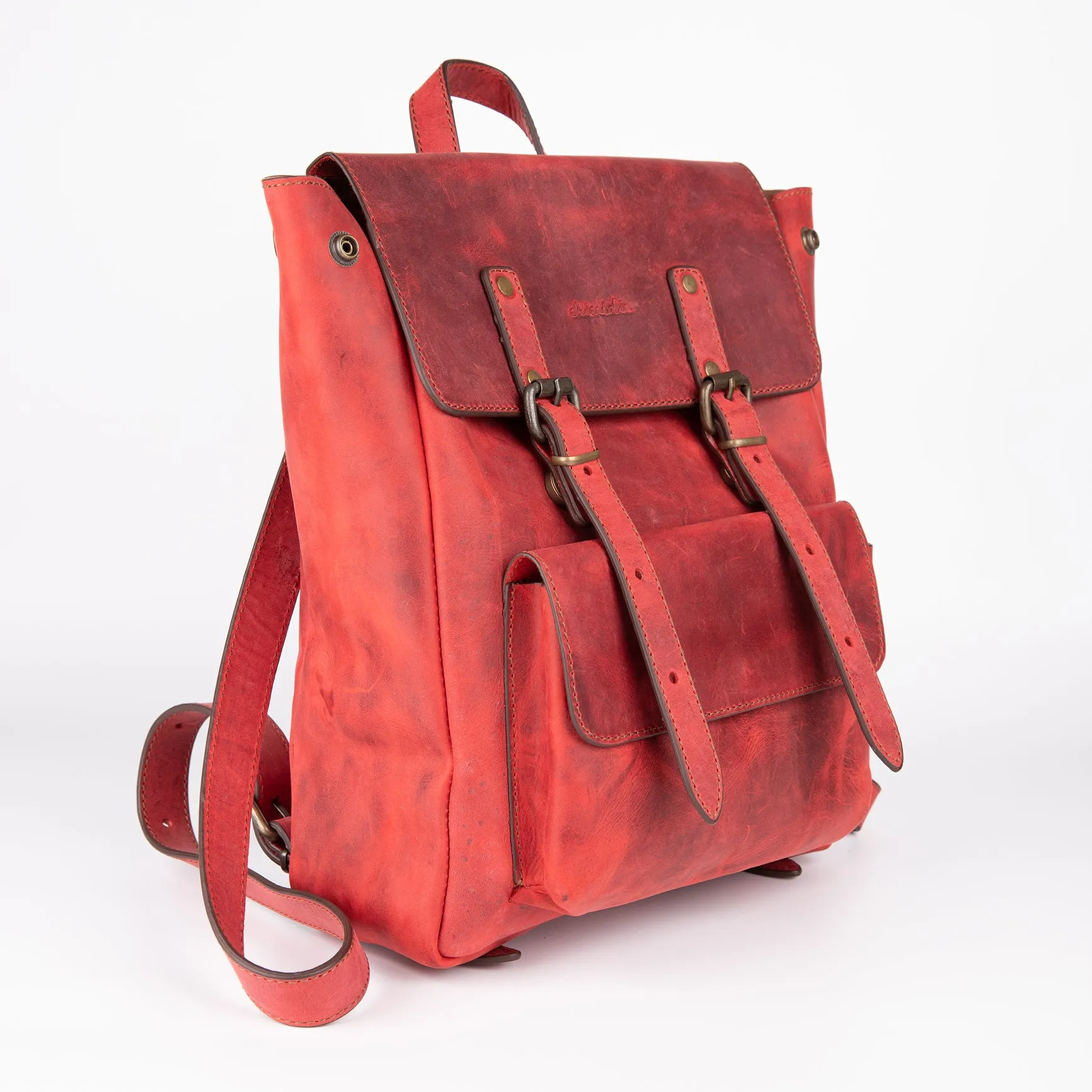 Crazy Horse Leather Expandable Backpack - Red