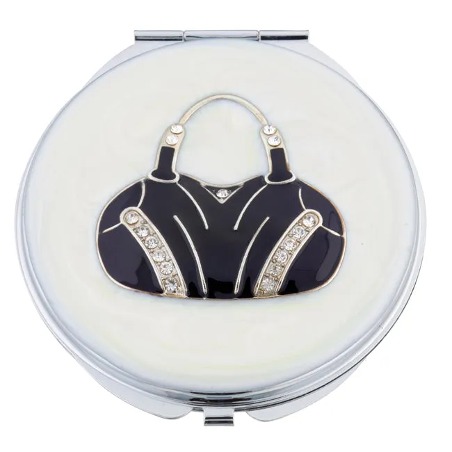 Fancy Metal Goods Crystal Mirror Compact ‘Black Handbag’