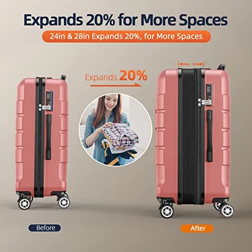 SHOWKOO Luggage Sets Expandable PC ABS Durable Suitcase Set, Rose Gold