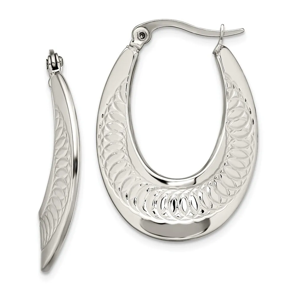 Stainless Steel Polished and Textured Swirl Hoop Earrings