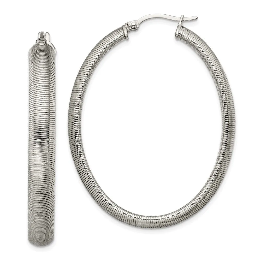 Stainless Steel Polished Textured Oval Hoop Earrings